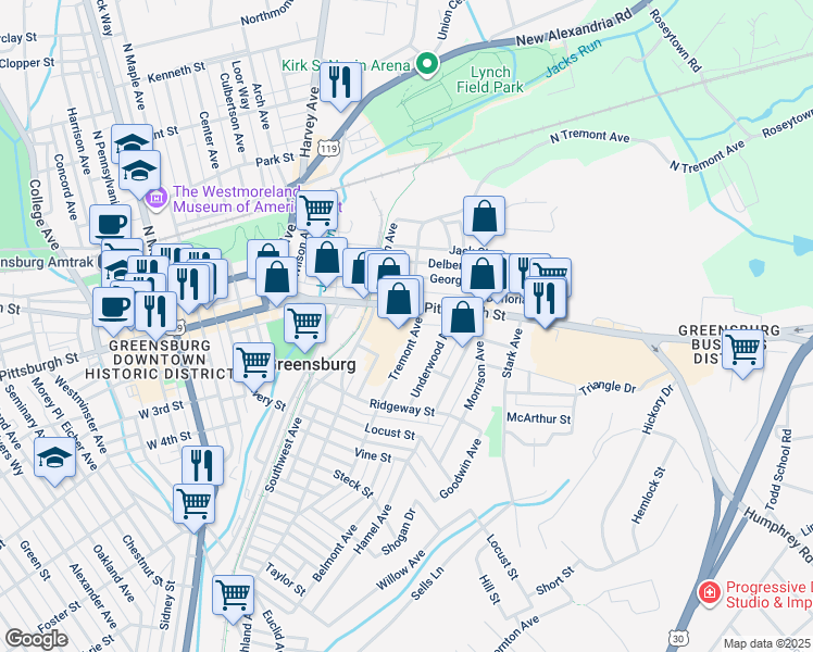 map of restaurants, bars, coffee shops, grocery stores, and more near 131 Tremont Avenue in Greensburg