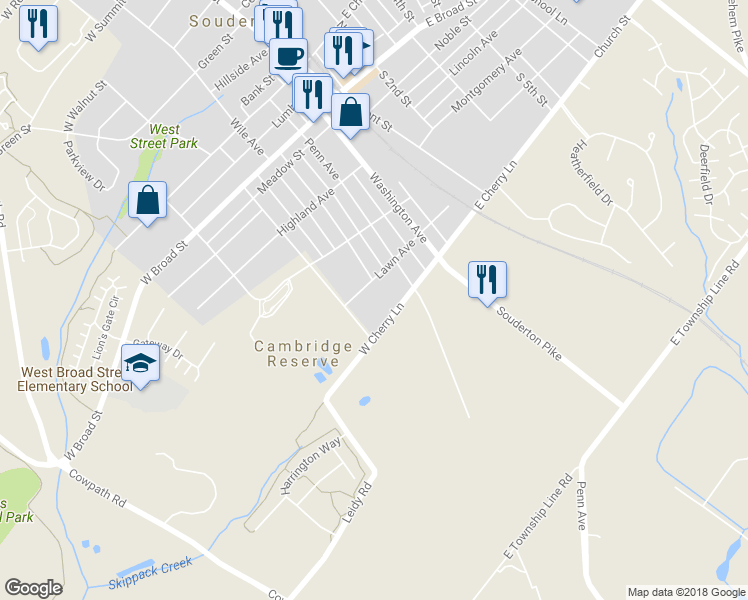 map of restaurants, bars, coffee shops, grocery stores, and more near 110 Lawn Avenue in Souderton