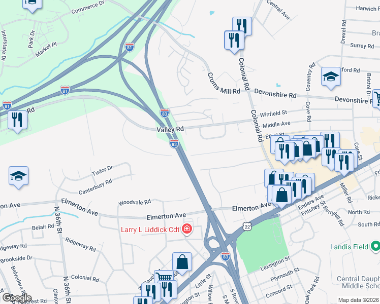 map of restaurants, bars, coffee shops, grocery stores, and more near 4101 Ridgeview Road in Harrisburg