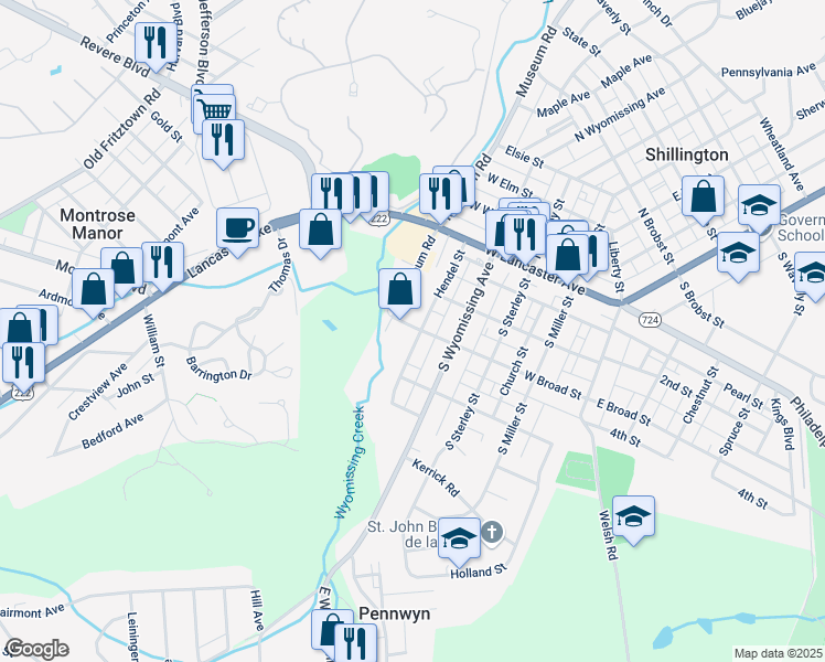 map of restaurants, bars, coffee shops, grocery stores, and more near 200 Hendel Street in Shillington