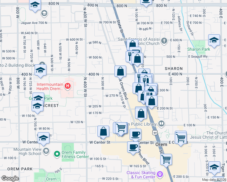 map of restaurants, bars, coffee shops, grocery stores, and more near 241 West 310 North in Orem