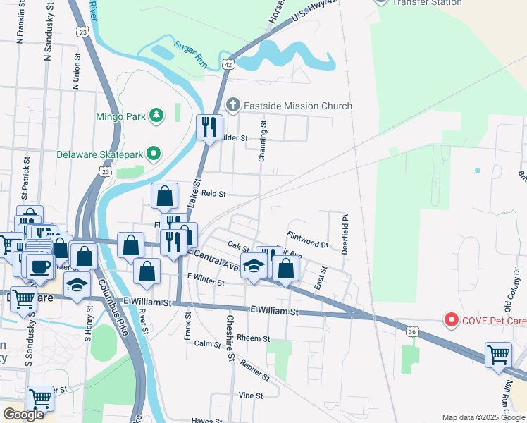 map of restaurants, bars, coffee shops, grocery stores, and more near 44 Channing Street in Delaware