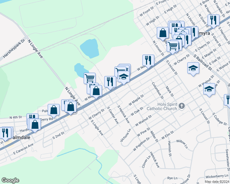 map of restaurants, bars, coffee shops, grocery stores, and more near 654 West Main Street in Palmyra