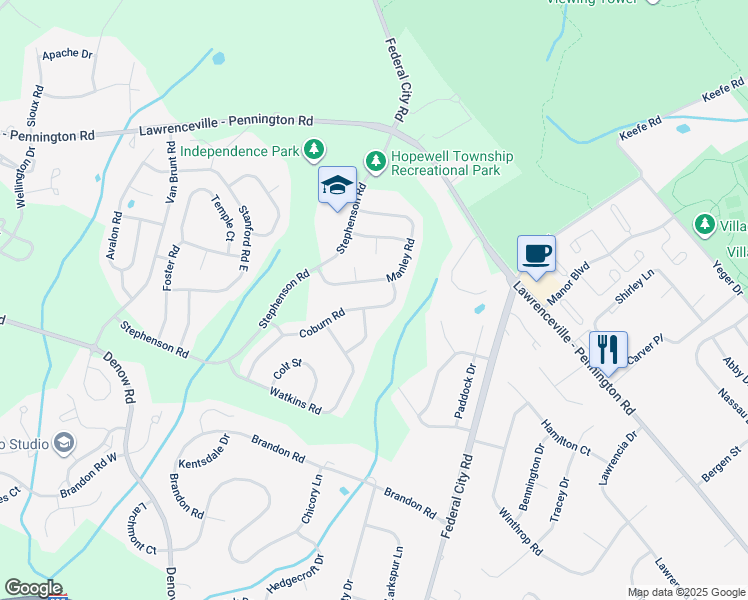 map of restaurants, bars, coffee shops, grocery stores, and more near 16 Coburn Road in Pennington