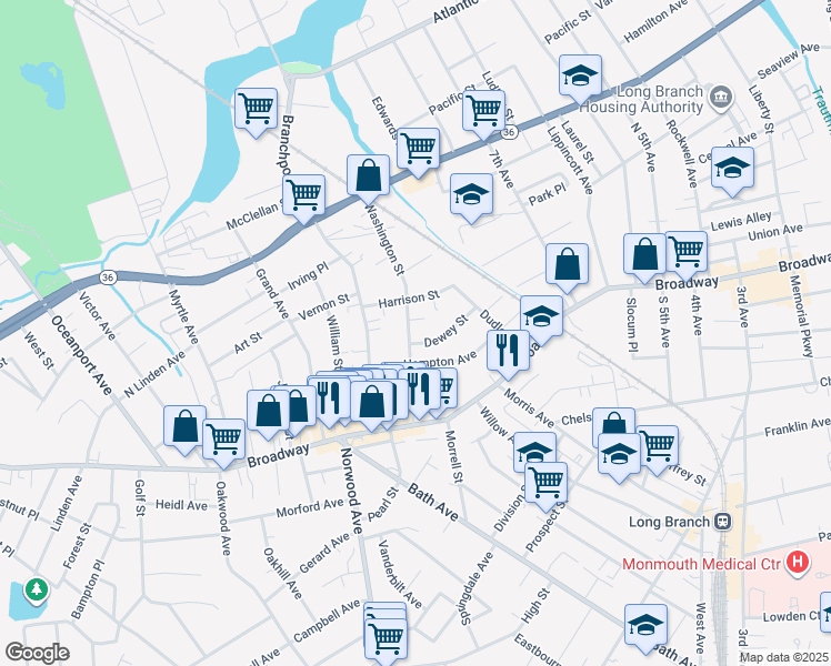 map of restaurants, bars, coffee shops, grocery stores, and more near 487 Hampton Avenue in Long Branch