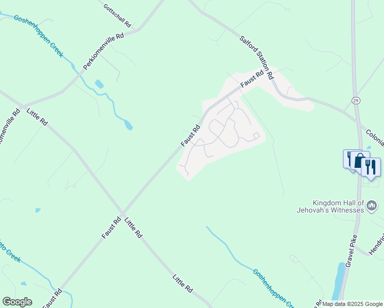 map of restaurants, bars, coffee shops, grocery stores, and more near 1172 Valley Stream Drive in Perkiomenville