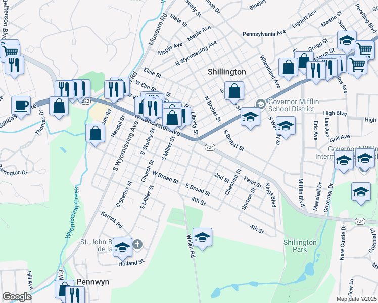 map of restaurants, bars, coffee shops, grocery stores, and more near 27 Washington Street in Shillington