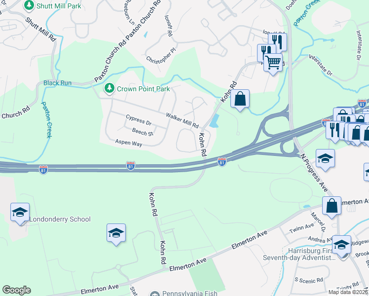 map of restaurants, bars, coffee shops, grocery stores, and more near 1950 Daybreak Circle in Harrisburg