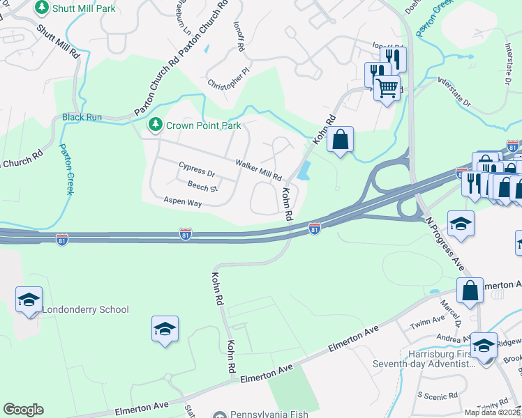 map of restaurants, bars, coffee shops, grocery stores, and more near 1950 Daybreak Circle in Harrisburg