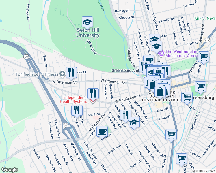 map of restaurants, bars, coffee shops, grocery stores, and more near 2 Mechling Way in Greensburg