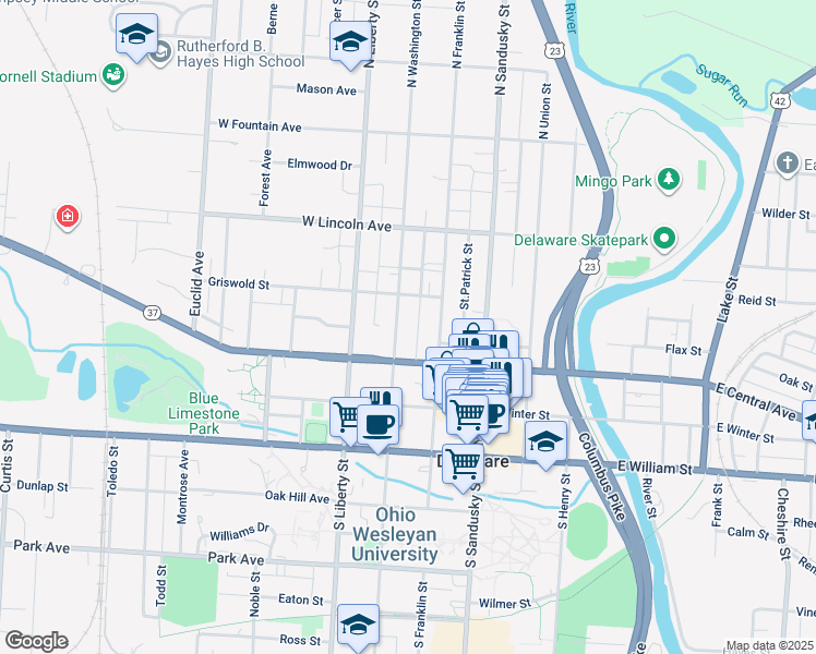 map of restaurants, bars, coffee shops, grocery stores, and more near 56 West Central Avenue in Delaware