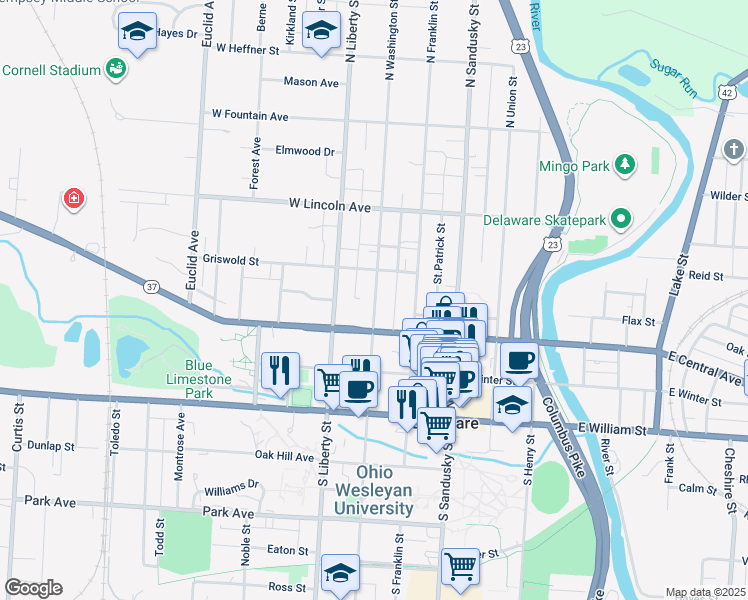 map of restaurants, bars, coffee shops, grocery stores, and more near 98 West Central Avenue in Delaware