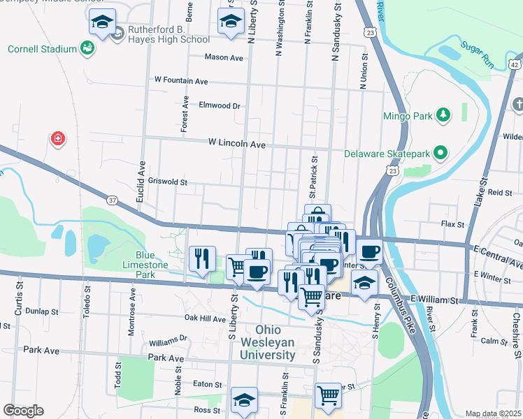 map of restaurants, bars, coffee shops, grocery stores, and more near 98 West Central Avenue in Delaware