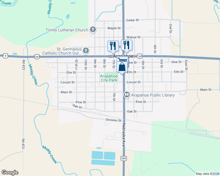 map of restaurants, bars, coffee shops, grocery stores, and more near in Arapahoe
