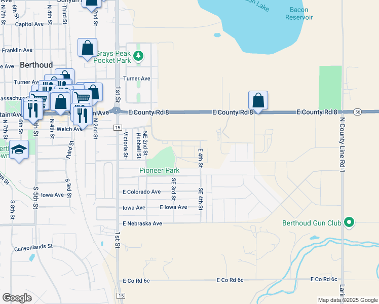 map of restaurants, bars, coffee shops, grocery stores, and more near 318 East Michigan Avenue in Berthoud
