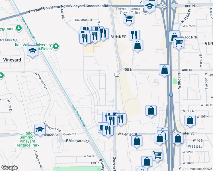 map of restaurants, bars, coffee shops, grocery stores, and more near 274 North 750 East Street in Vineyard
