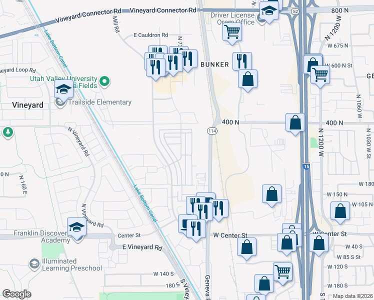 map of restaurants, bars, coffee shops, grocery stores, and more near 269 725 East in Vineyard