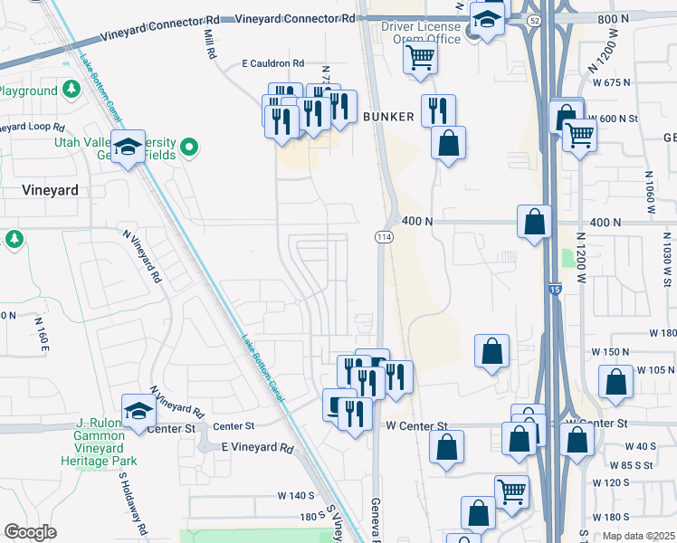 map of restaurants, bars, coffee shops, grocery stores, and more near 258 North 725 East in Vineyard