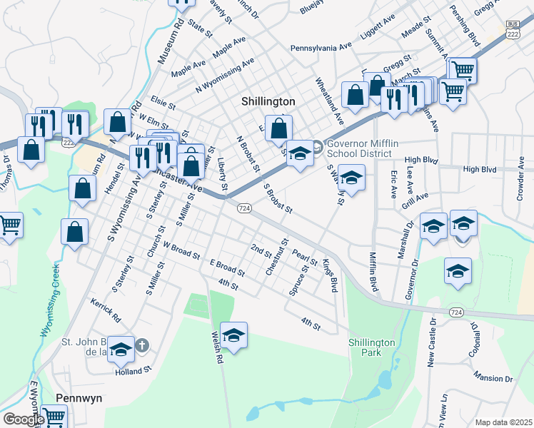 map of restaurants, bars, coffee shops, grocery stores, and more near 26 Franklin Street in Shillington