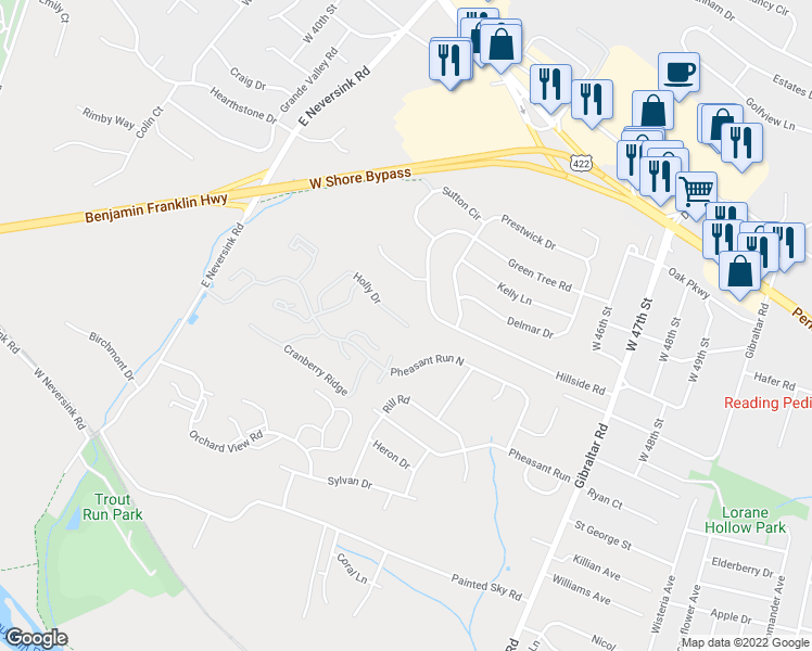 map of restaurants, bars, coffee shops, grocery stores, and more near 70 Holly Drive in Reading