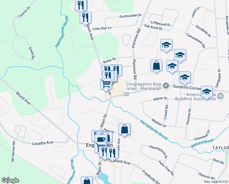 map of restaurants, bars, coffee shops, grocery stores, and more near 2 Gordons Corner Road in Manalapan Township