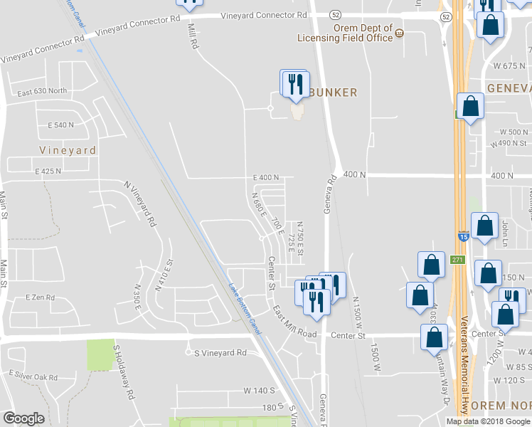 map of restaurants, bars, coffee shops, grocery stores, and more near 308 North 680 East in Vineyard
