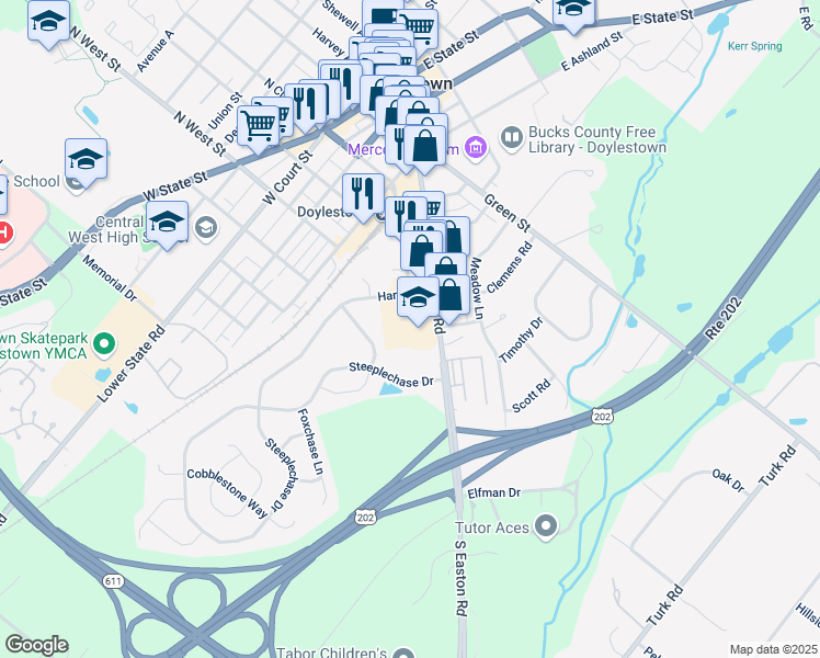 map of restaurants, bars, coffee shops, grocery stores, and more near 350 South Main Street in Doylestown