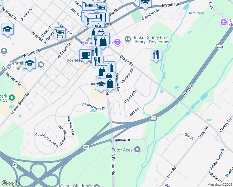 map of restaurants, bars, coffee shops, grocery stores, and more near 39 Meadow Lane in Doylestown