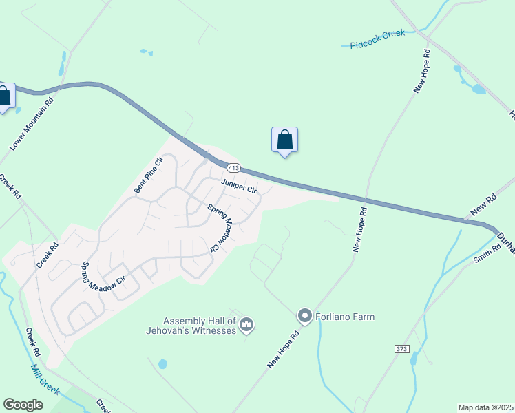 map of restaurants, bars, coffee shops, grocery stores, and more near 45 Juniper Circle in New Hope