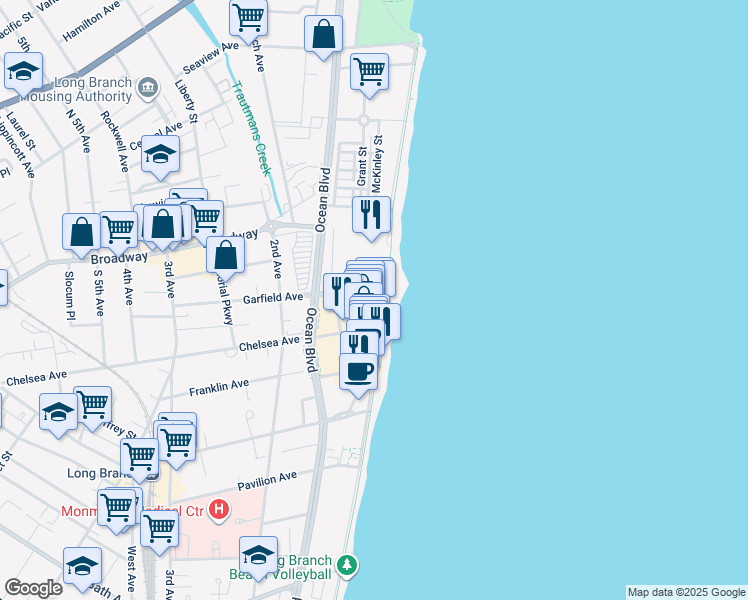 map of restaurants, bars, coffee shops, grocery stores, and more near 4 Ocean Avenue North in Long Branch