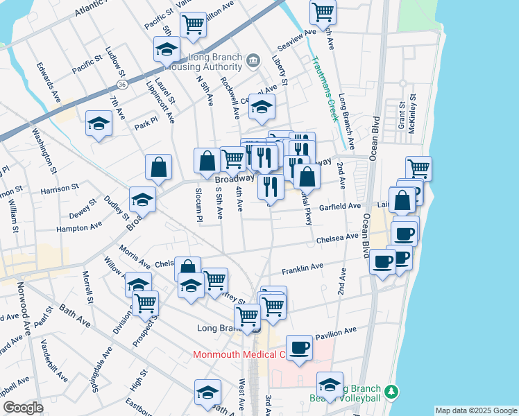 map of restaurants, bars, coffee shops, grocery stores, and more near 22 3rd Avenue in Long Branch