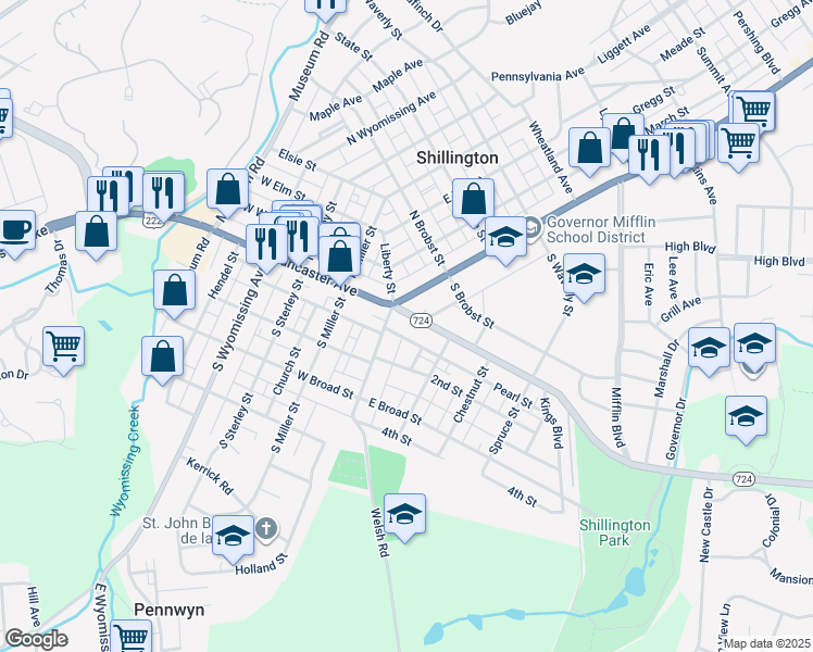 map of restaurants, bars, coffee shops, grocery stores, and more near 1 U.S. 222 Business in Shillington