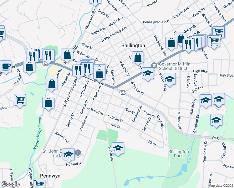 map of restaurants, bars, coffee shops, grocery stores, and more near 1 U.S. 222 Business in Shillington