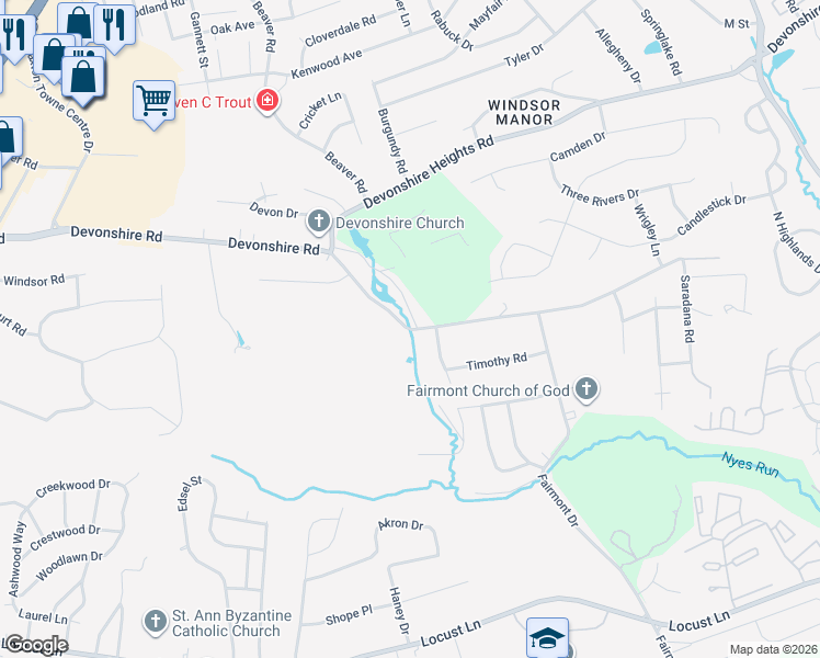 map of restaurants, bars, coffee shops, grocery stores, and more near 5790 Devonshire Road in Harrisburg