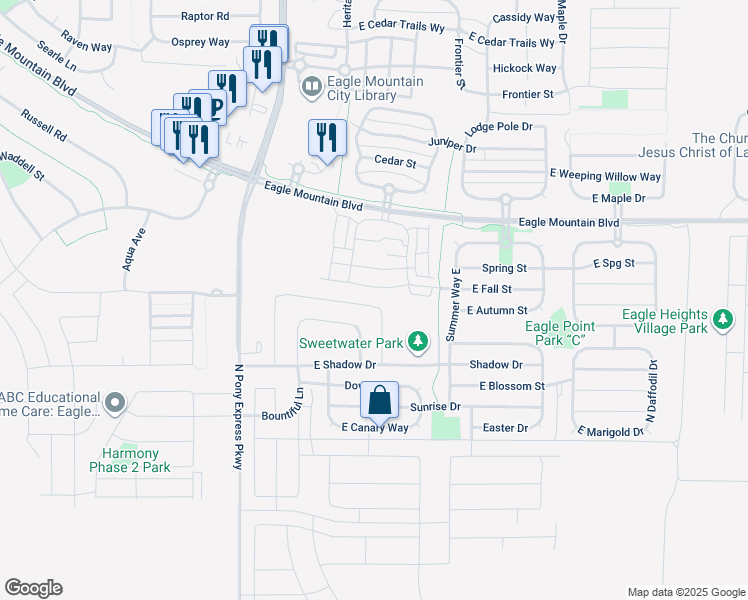 map of restaurants, bars, coffee shops, grocery stores, and more near 1791 East Tumwater Lane in Eagle Mountain