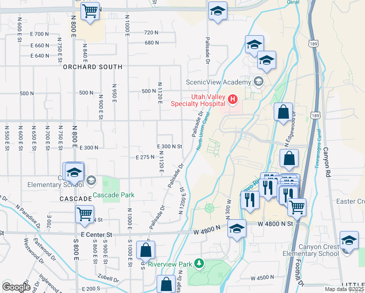 map of restaurants, bars, coffee shops, grocery stores, and more near 1198 East 300 North Street in Orem