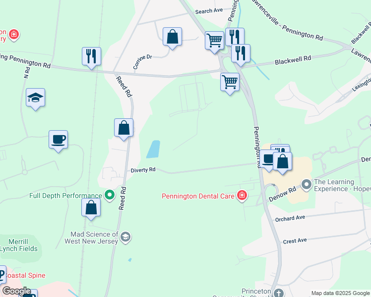 map of restaurants, bars, coffee shops, grocery stores, and more near in Pennington