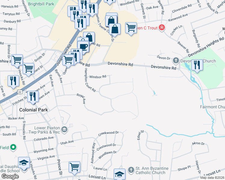 map of restaurants, bars, coffee shops, grocery stores, and more near 5361 Wilshire Road in Harrisburg