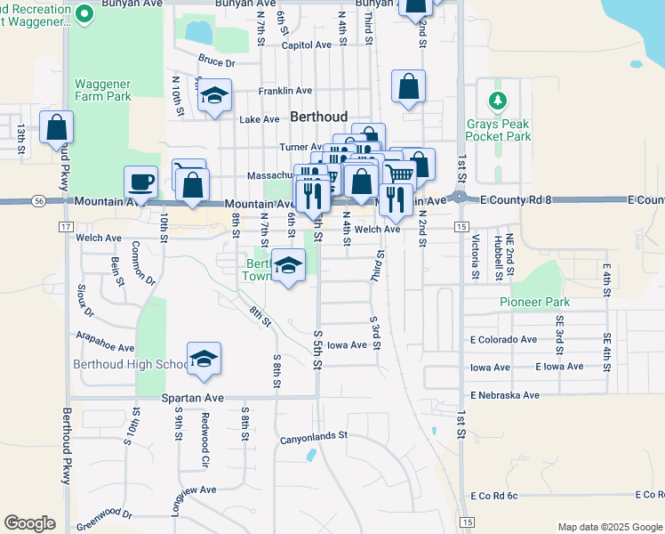 map of restaurants, bars, coffee shops, grocery stores, and more near 415 Bimson Avenue in Berthoud
