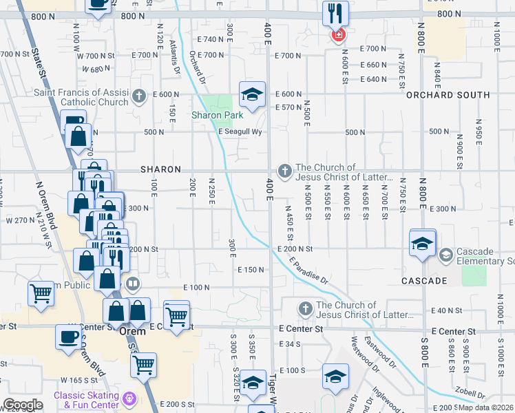 map of restaurants, bars, coffee shops, grocery stores, and more near 365 East 290 North Street in Orem