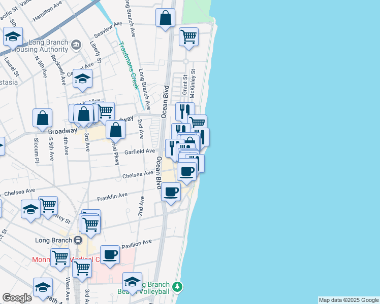 map of restaurants, bars, coffee shops, grocery stores, and more near 4 Ocean Avenue North in Long Branch