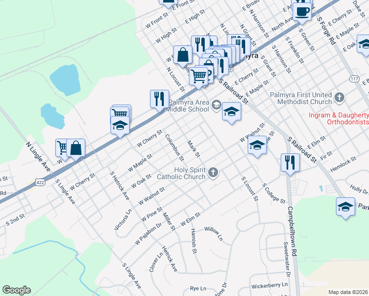map of restaurants, bars, coffee shops, grocery stores, and more near 307 West Maple Street in Palmyra