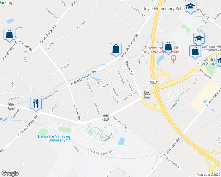 map of restaurants, bars, coffee shops, grocery stores, and more near 255 North Circle in Doylestown