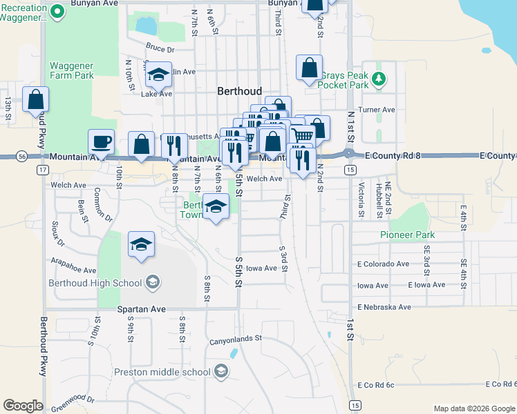 map of restaurants, bars, coffee shops, grocery stores, and more near 348 Bimson Avenue in Berthoud