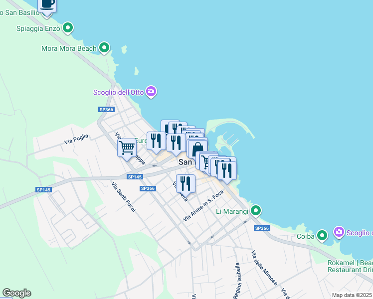 map of restaurants, bars, coffee shops, grocery stores, and more near 81-83 Via Lungomare Matteotti in San Foca