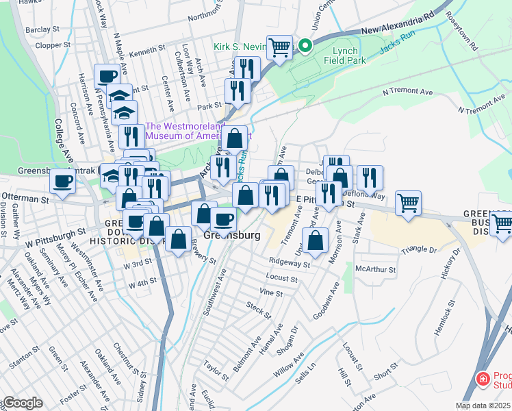map of restaurants, bars, coffee shops, grocery stores, and more near 305 East Pittsburgh Street in Greensburg