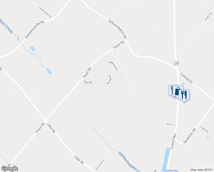 map of restaurants, bars, coffee shops, grocery stores, and more near 1146 Pin Oak Drive in Perkiomenville