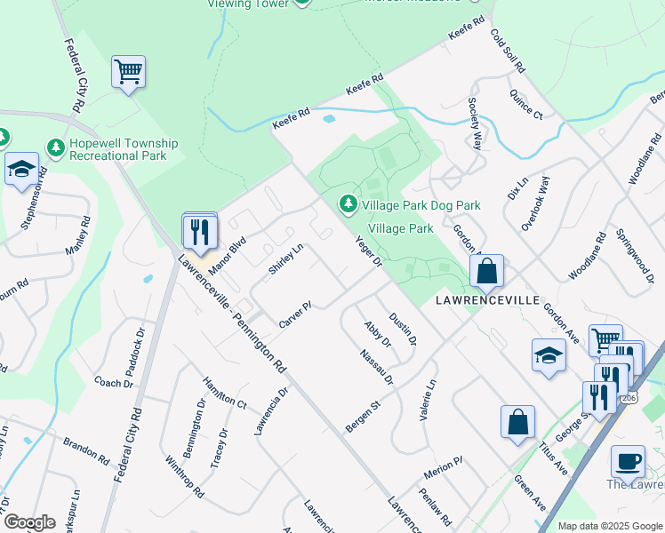 map of restaurants, bars, coffee shops, grocery stores, and more near 17 Shirley Lane in Lawrence Township