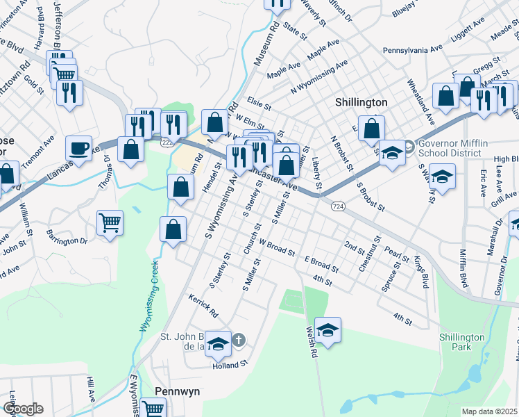 map of restaurants, bars, coffee shops, grocery stores, and more near 137 Washington Street in Shillington