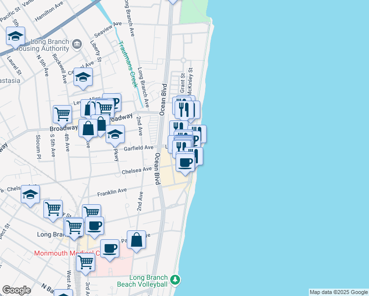 map of restaurants, bars, coffee shops, grocery stores, and more near 4 Ocean Avenue North in Long Branch